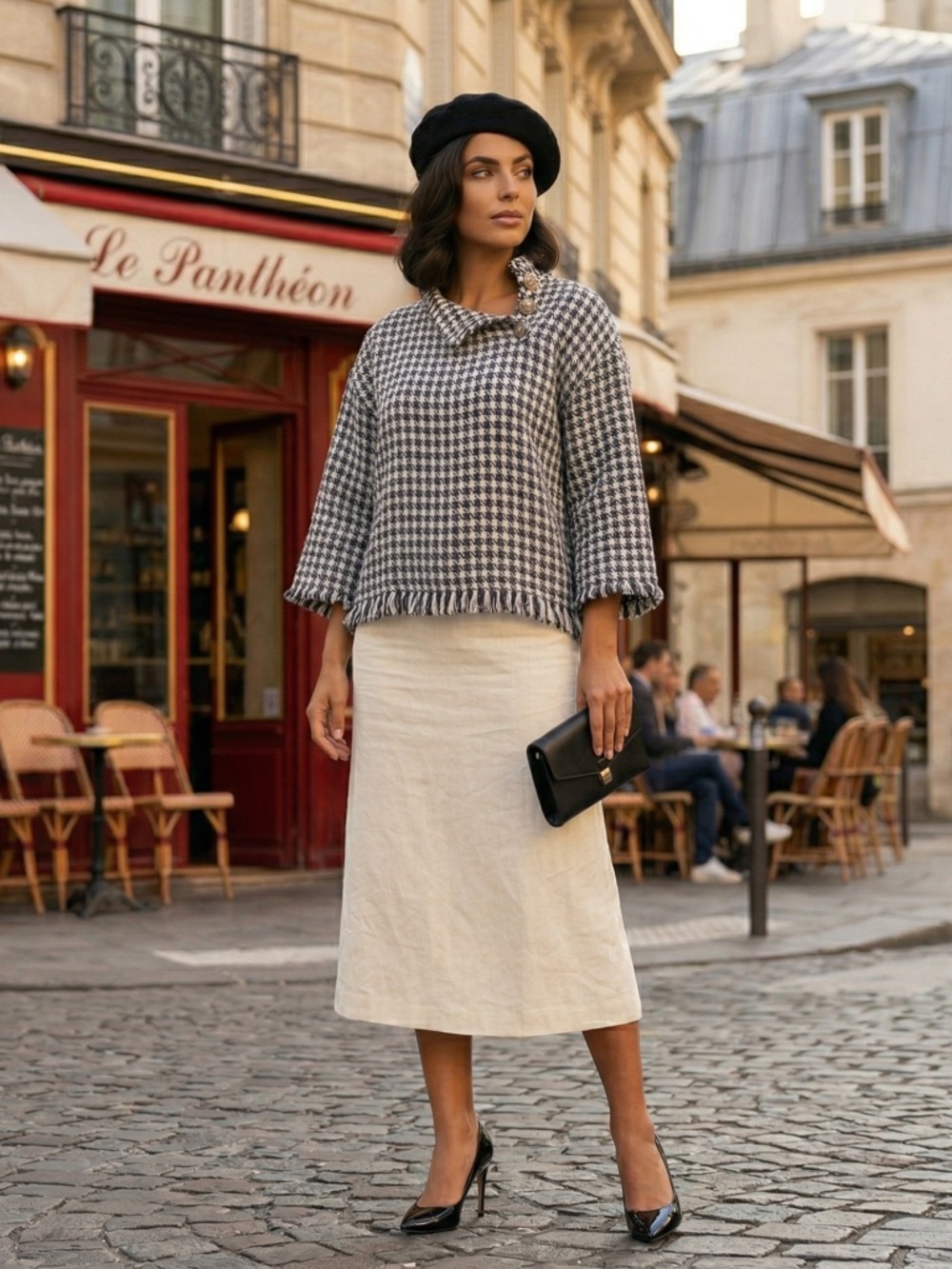 Zara Navy Blue & Cream Houndstooth Coastal Classic Knit Cropped Sweater Size XS
